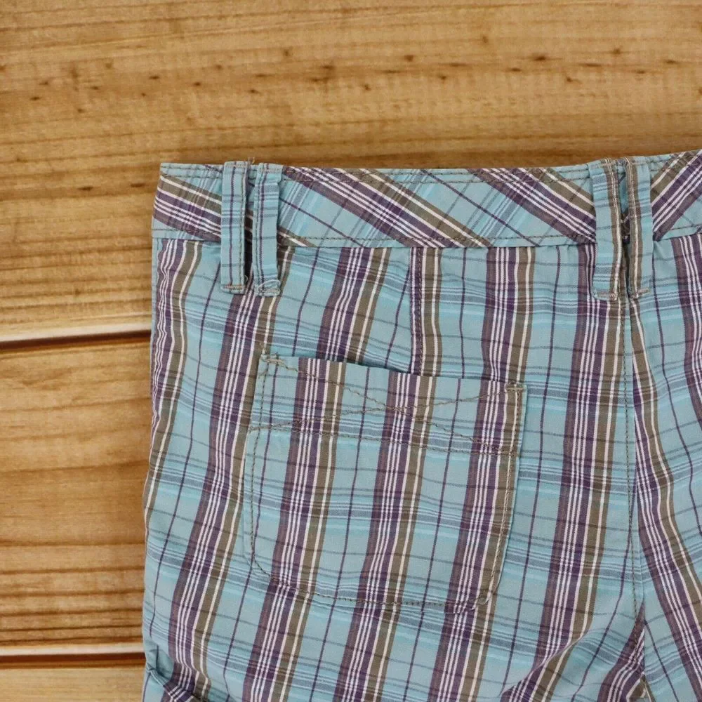 Mossimo Cuffed Chino Shorts Juniors Sz 3 Blue Plaid 100% Cotton Pockets Mid Rise